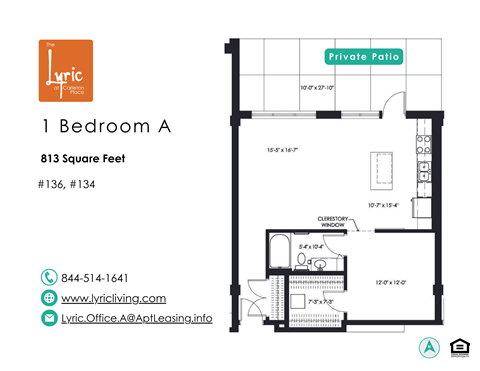 Floor plan for 1 bed, 1 bath, 813 sqft